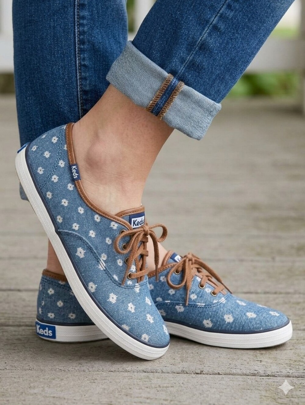 Keds Women's Blue Floral Canvas Lace-Up Sneakers with Brown Trim Sz 9